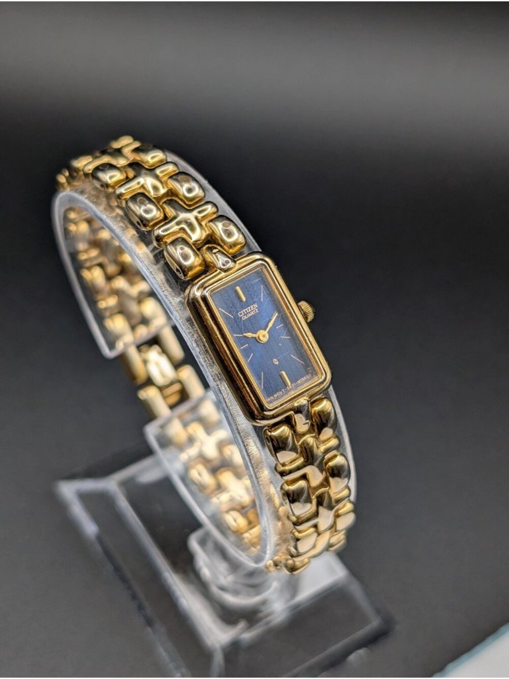 Vintage Citizen Gold-Tone Quartz Ladies Watch, Rectangular Royal Blue Dial